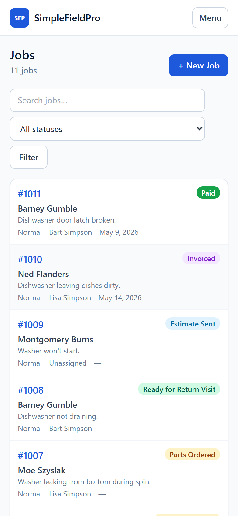 SimpleFieldPro jobs list on a phone